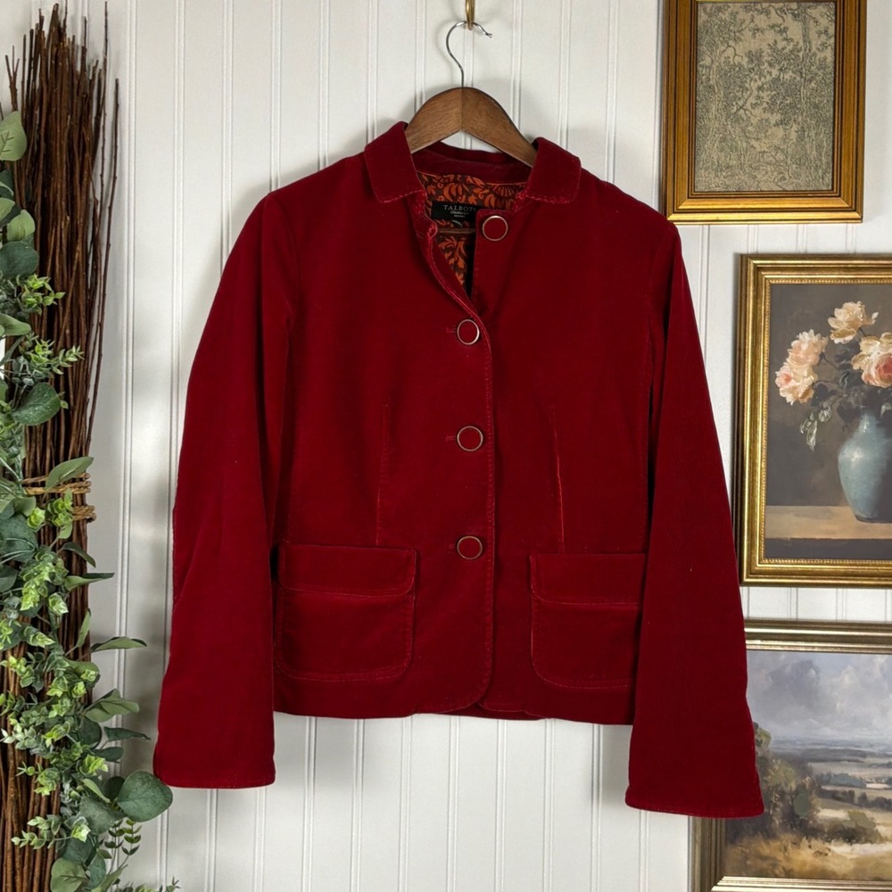 Talbots Corduroy Jacket Womens 10P Red Excellent Button Front Floral Lining